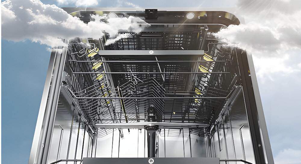 ZMYWARKA ASKO DFI544B lifestyle wnętrze kosze chmury w tle niebo Wydajność i przestrzeń załadunek 14 kompletów wnętrze XL wysokość 54 cm komfort wygoda