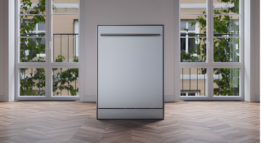 ZMYWARKA ASKO DSD544B lifestyle wizualizacja front zmywarka zamknięta drewniana podłoga model poglądowy kolor srebrny ochrona zalanie wyciek woda odcięcie dopływu wody bezpieczeństwo Aqua Safe system zabezpieczeń czujnik podstawa wodoodporna szczelność alarm dźwiękowy świetlny zawór