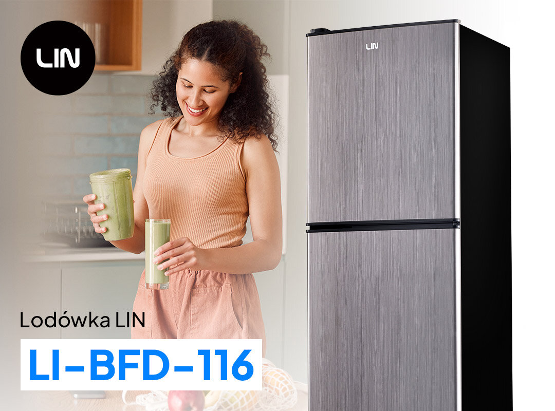 LODÓWKA LIN LI-BFD116 GRAFITOWA lifestyle kobieta lodówka zamknięta kubki w dłoniach model marka