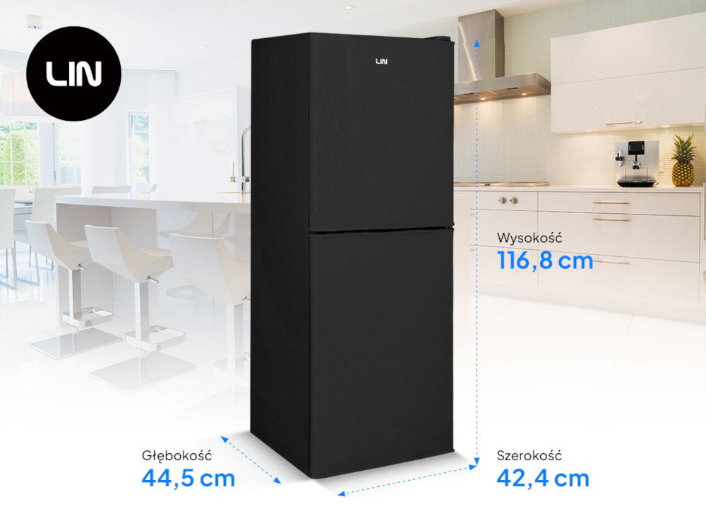 LODÓWKA LIN LI-BFD116 CZARNA front zamknięta wymiary zdjęcie techniczne pojemność 116 l wygodny układ łatwe dopasowanie konstrukcja