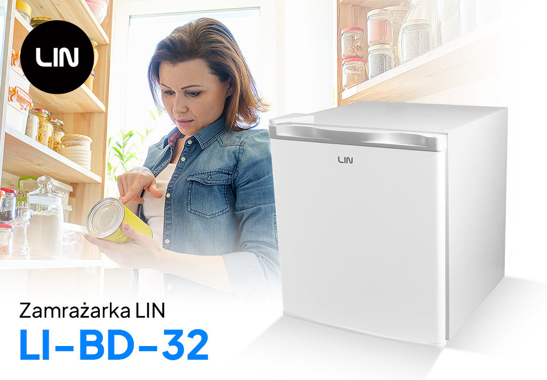 ZAMRAŻARKA LIN LI-BD-32 front kobieta model logo kobieta półki zapasy