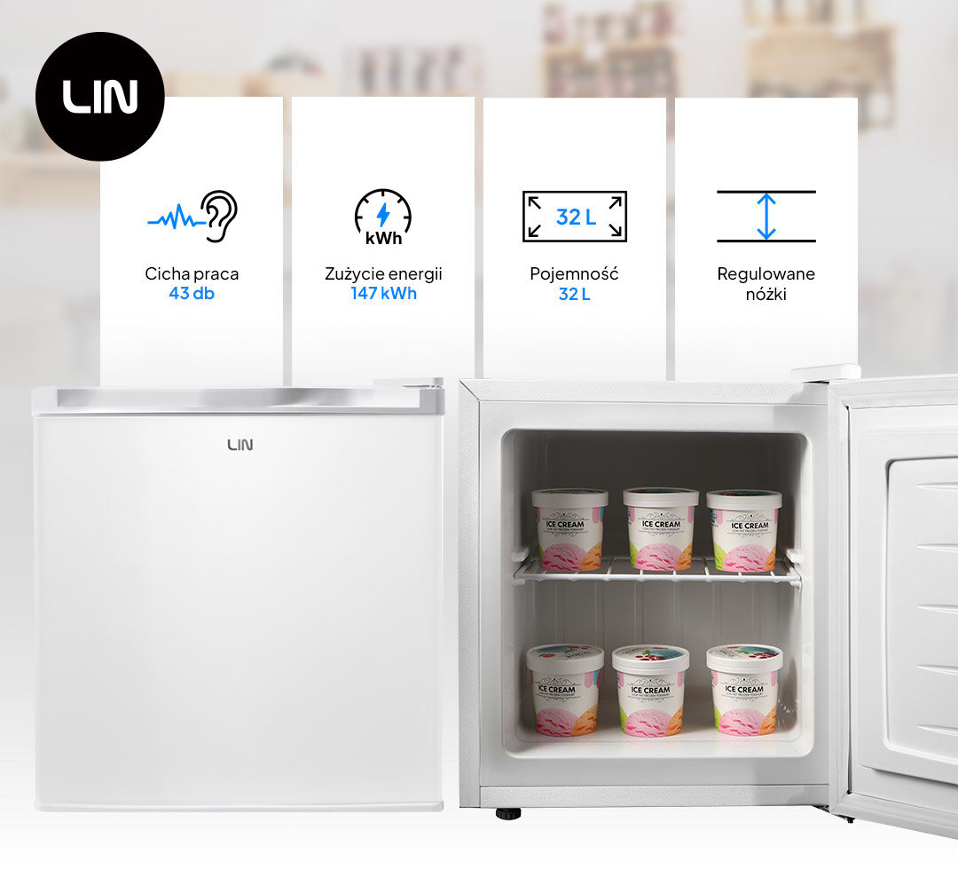 ZAMRAŻARKA LIN LI-BD-32 otwarta wnętrze produkty cechy ikony regulowane nóżki łatwe ustawienie urządzenia ręczne odmrażanie łatwe szybkie czyszczenie cicha praca