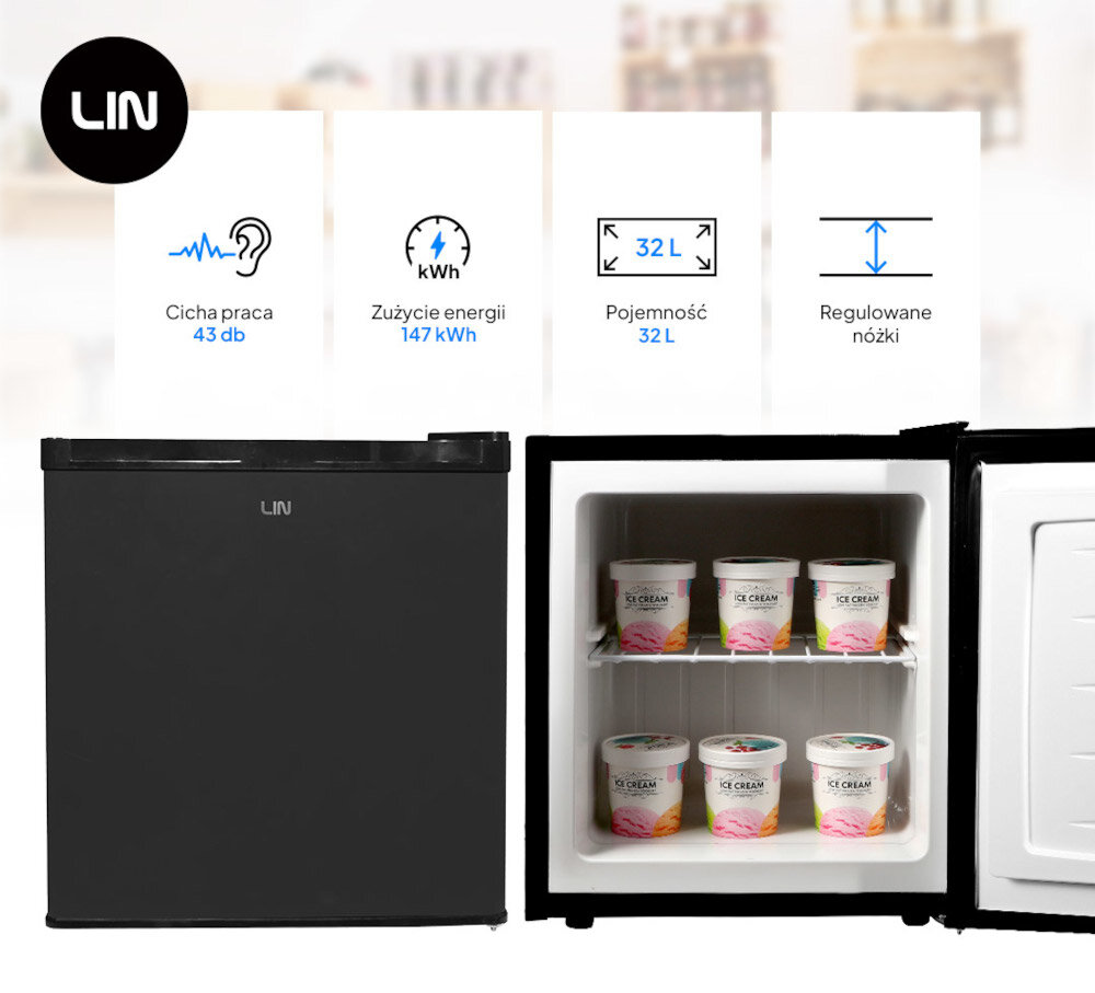 ZAMRAŻARKA LIN LI-BD-32 otwarta wnętrze produkty cechy ikony regulowane nóżki łatwe ustawienie urządzenia ręczne odmrażanie łatwe szybkie czyszczenie cicha praca
