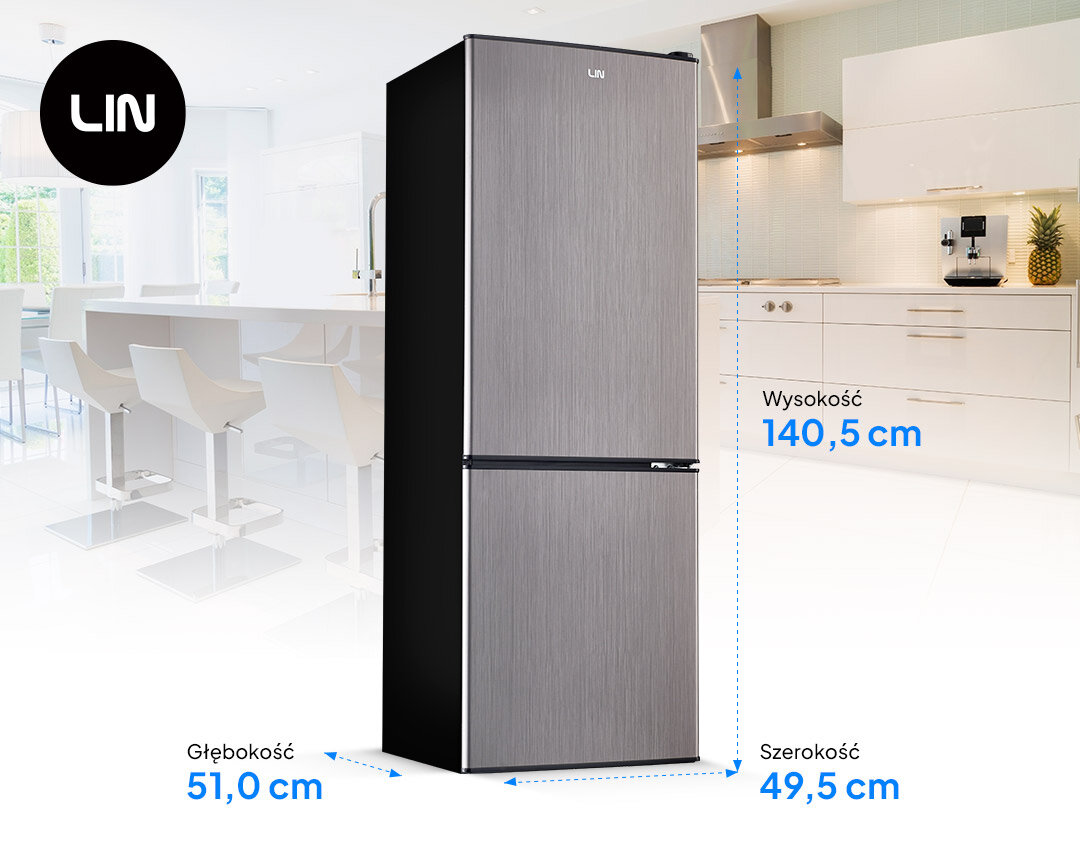 LODÓWKA LIN LI-BFD166 GRAFITOWA front zamknięta wymiary zdjęcie techniczne pojemność 116 l wygodny układ łatwe dopasowanie konstrukcja