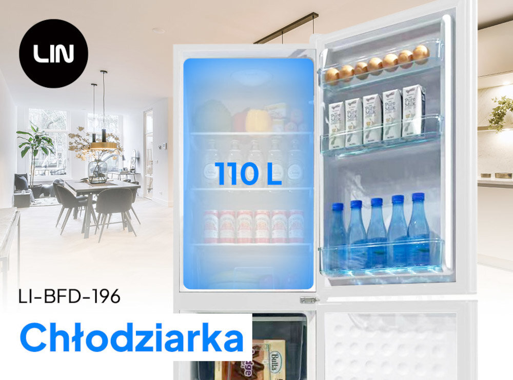 LODÓWKA LIN LI-BFD196 BIAŁA model górna część chłodziarka otwarta pojemność półki wnętrze górna chłodziarka półki na drzwiach Regulowany termostat