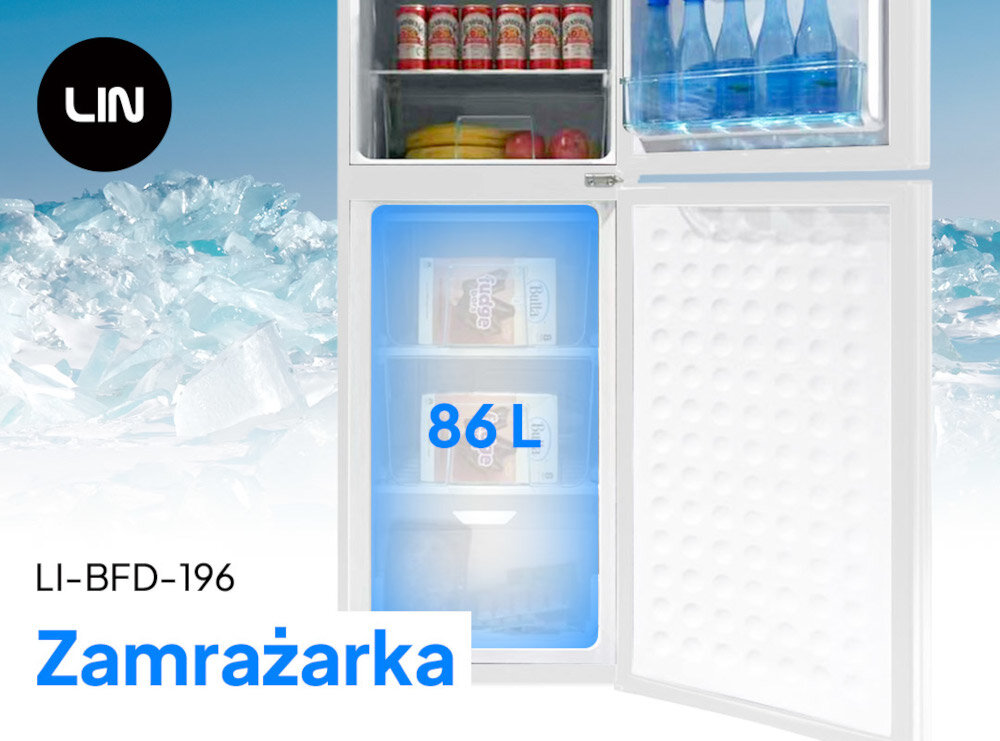 LODÓWKA LIN LI-BFD196 BIAŁA model logo dolna część zamrażarka otwarta pojemność szuflady wnętrze górna chłodziarka dolna zamrażarka 58 litrów mrożenie zapasów