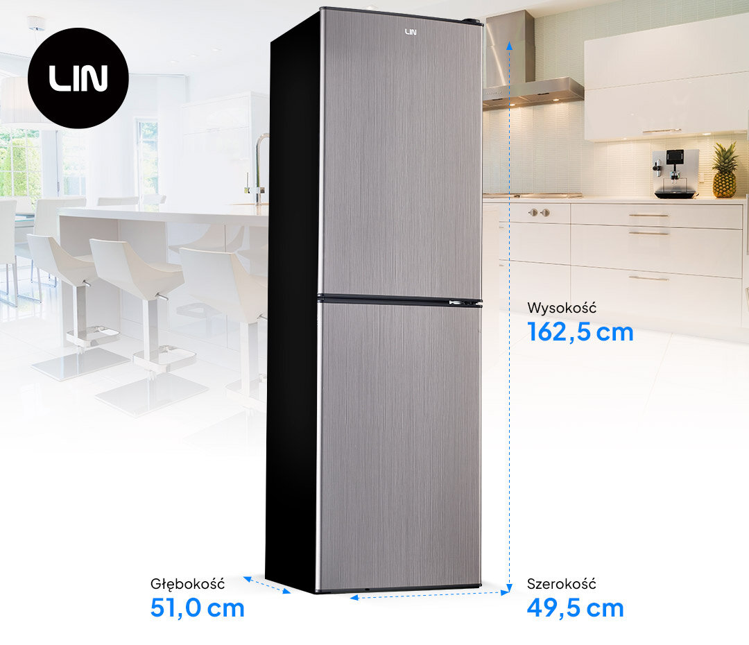 LODÓWKA LIN LI-BFD196 GRAFITOWA front zamknięta wymiary zdjęcie techniczne pojemność 116 l wygodny układ łatwe dopasowanie konstrukcja