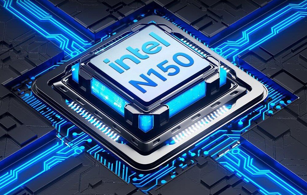 Komputer GMKTEC G2 Plus Grafika przedstawiająca procesor z napisem 'intel N150' umieszczony na tle niebieskich ścieżek układu scalonego, procesor, rdzenie, wydajność, karta graficzna