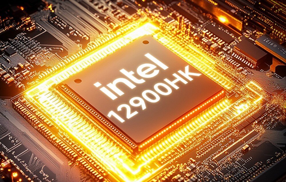Komputer GMKTEC NucBox M3 Plus Zbliżenie na podświetlony procesor z napisem 'intel 12900HK' umieszczony na płycie głównej, procesor, rdzenie, wątki