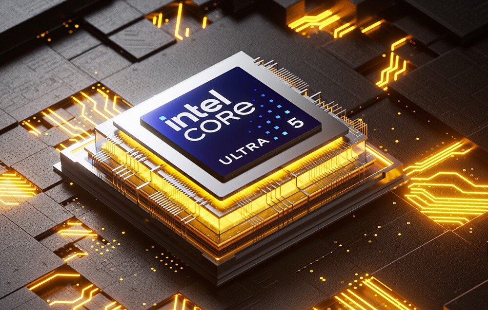 Komputer GMKTEC NucBox K9 Procesor z napisem 'Intel Core Ultra 5' umieszczony na tle czarnych płytek z pomarańczowymi ścieżkami elektronicznymi, procesor, rdzenie, karta graficzna