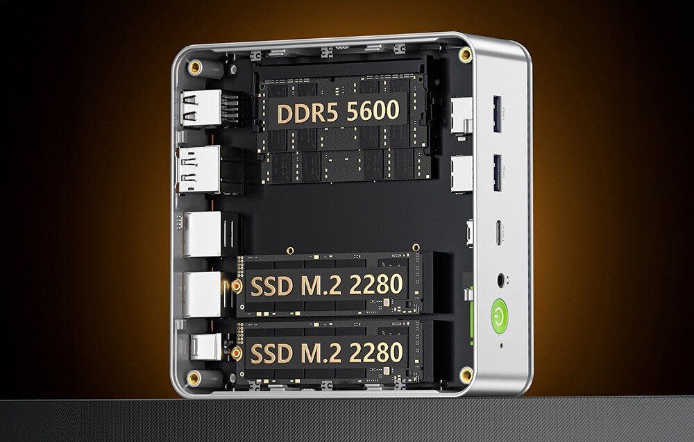 Komputer GMKTEC NucBox K9 Wnętrze mini komputera z widocznymi modułami oznaczonymi jako 'DDR5 5600' oraz dwa dyski 'SSD M.2 2280', pamięć, dysk, pojemność