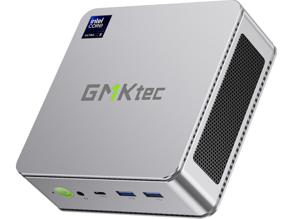 Komputer GMKTEC NucBox K9 Srebrny mini komputer pokazany pod lekkim kątem, z widocznymi portami USB i przyciskiem włączenia, chłodzenie, wentylatory