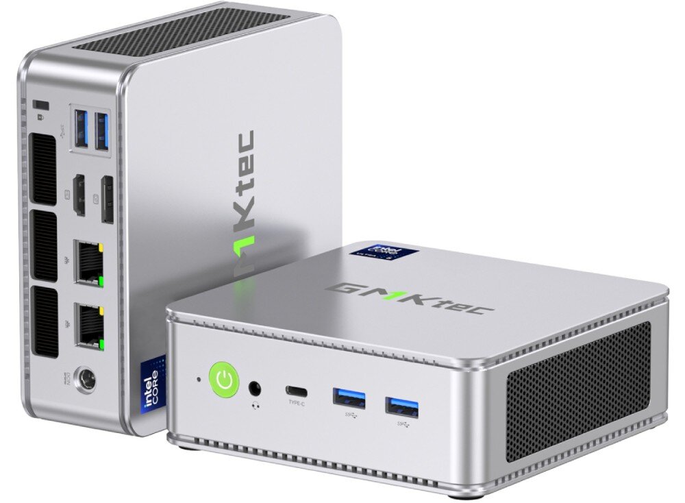 Komputer GMKTEC NucBox K9 Dwa srebrne mini komputery ustawione obok siebie, jeden w pionie pokazuje tylne porty, drugi w poziomie przodem z widocznymi portami i przyciskiem, port Thunderbolt