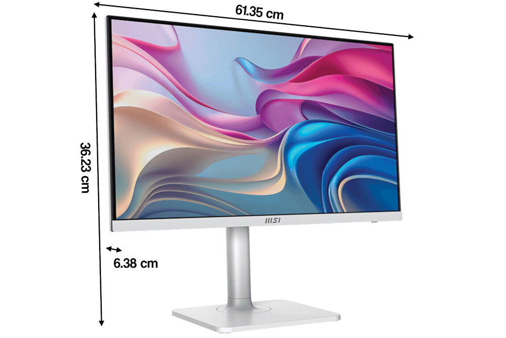 Monitor MSI Modern MD272UPHW 27 cali 3840x2160px IPS 60Hz 4 ms prezentacja monitora na białym tle od przodu pod kątem z wymiarami elegancki design stabilność podstawa stabilność