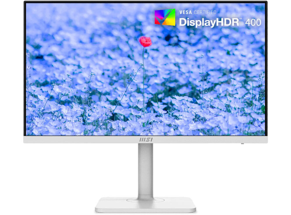 Monitor MSI Modern MD272UPHW 27 cali 3840x2160px IPS 60Hz 4 ms prezentacja działania VESA DisplayHDR 400 monitor na białym tle na ekranie kwiatki realistyczny dynamiczny kontrast głębia kolorów przestrzenie barw zakres współczynnik kontrastu wyraźne obrazy komfort