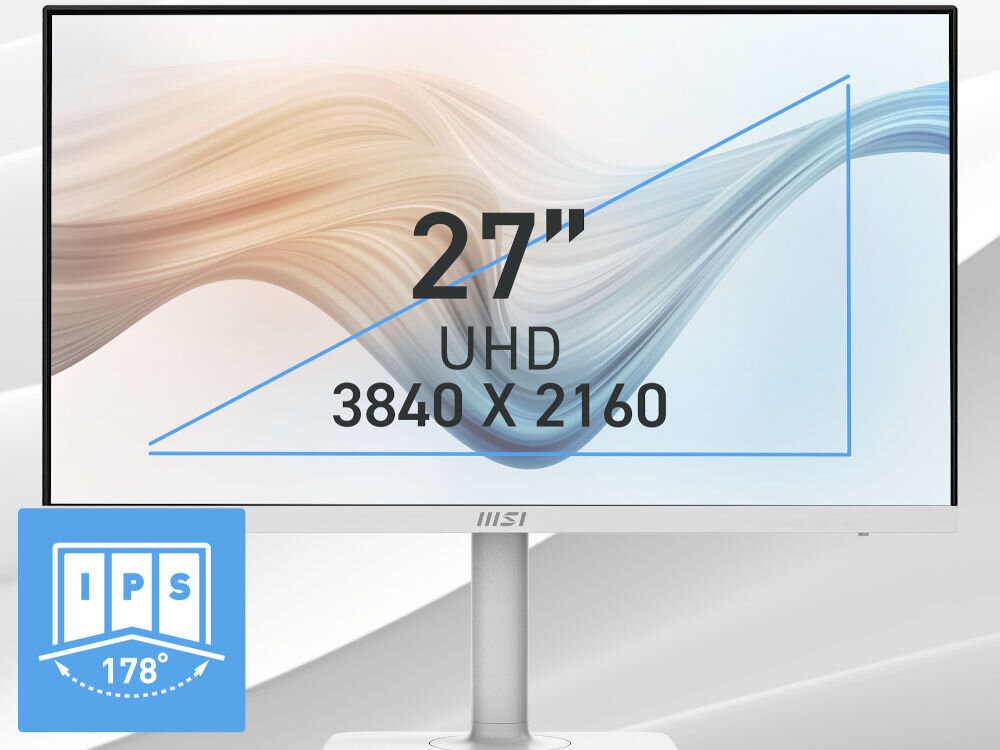 Monitor MSI Modern MD272UPHW 27 cali 3840x2160px IPS 60Hz 4 ms prezentacja monitora na szarym tle od przodu rozmiar rozdzielczość UHD IPS wygodna praca szerokie kąty widzenia 178° stała jakość obrazu odwzorowanie kolorów komfort podczas pracy