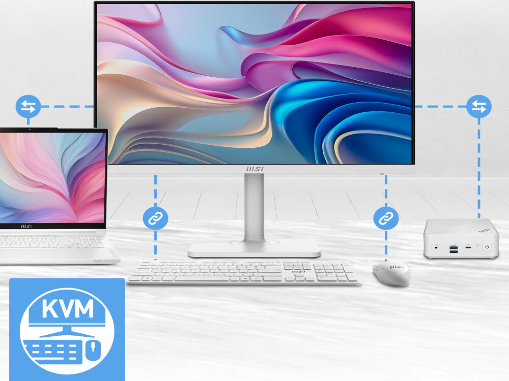 Monitor MSI Modern MD272UPHW 27 cali 3840x2160px IPS 60Hz 4 ms prezentacja monitora oraz akcesoriów funkcja przełącznika KVM na jasnym tle sterowanie kilkoma urządzeniami uporządkowana przestrzeń wsparcie organizacji