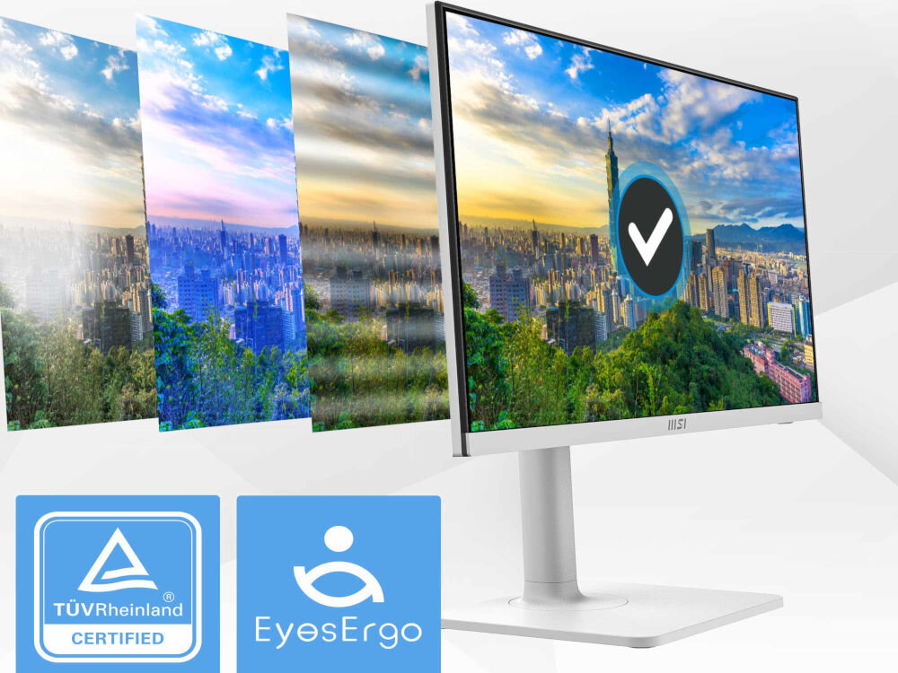 Monitor MSI Modern MD272UPHW 27 cali 3840x2160px IPS 60Hz 4 ms porównanie monitora z technologiami chroniącymi wzrok i bez nich na jasnym tle ograniczenie zmęczenia oczu Less Blue Light redukcja światła niebieskiego Anti-flicker redukcja migotania powłoka antyodblaskowa ograniczenie emisji światła niebieskiego certyfikaty TÜV Rheinland