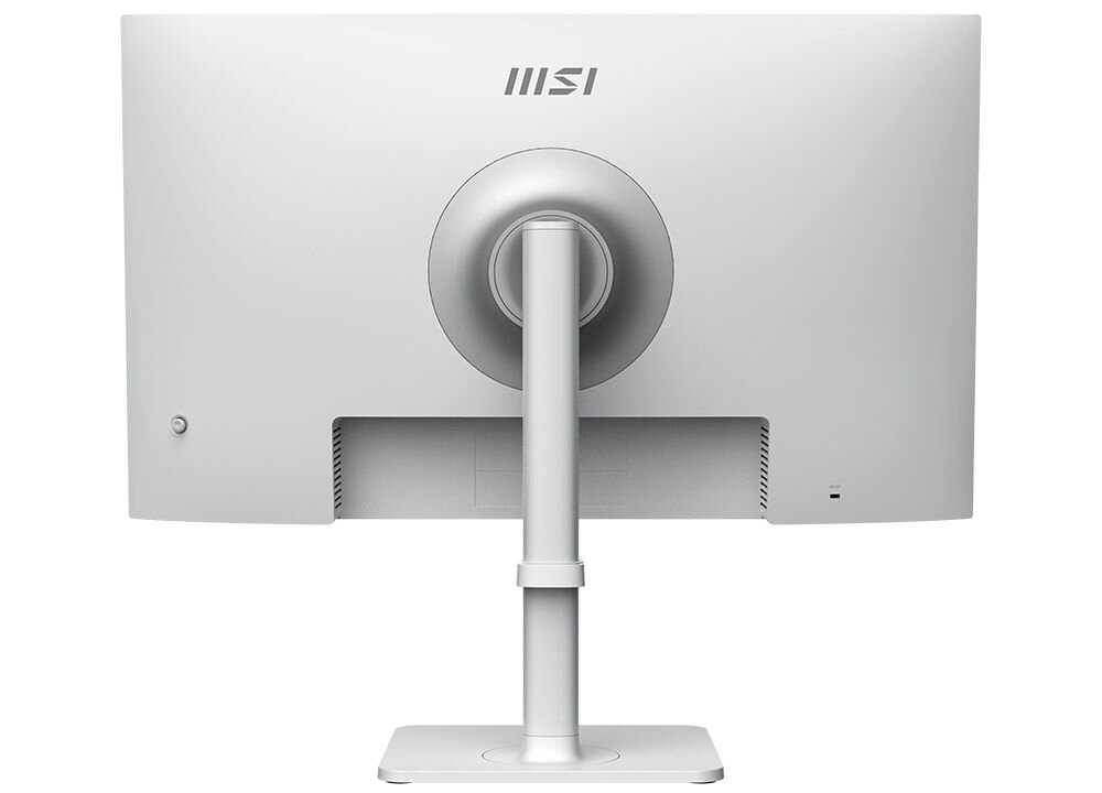 Monitor MSI Modern MD272UPHW 27 cali 3840x2160px IPS 60Hz 4 ms prezentacja monitora od tyłu na białym tle VESA 75 mm łatwe stabilne przymocowanie oszczędność miejsca uchwyt biurkowy VESA zwiększa powierzchnię roboczą dopasowanie ustawienia ekranu organizacja pracy