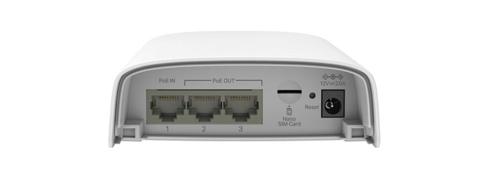 Obraz przedstawia tylny panel urządzenia z trzema portami Ethernet oznaczonymi jako 1, 2, 3 oraz gniazdem na kartę Nano SIM. Widoczne są także oznaczenia \'PoE IN\', \'PoE OUT\', przycisk \'Reset\' i gniazdo zasilania z napisem \'12V⎓2.0A\'.
