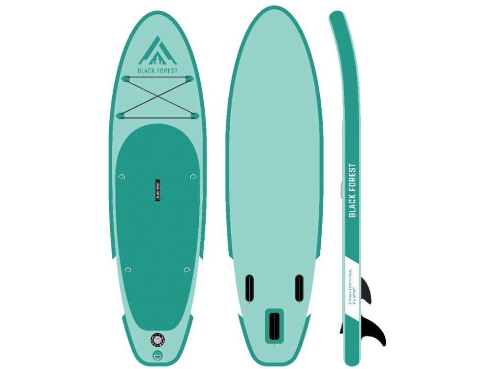 Deska SUP EXTRALINK SUP-2000 275 x 76 x 15 cm białe tło deska w trzech ujęciach widok od przodu od tyłu i z boku sport aktywność wodna wyprawa