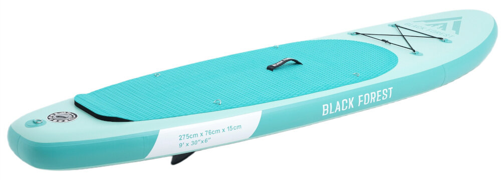 Deska SUP EXTRALINK SUP-2000 275 x 76 x 15 cm białe tło deska w poziomie widoczna od przodu pod skosem do rekreacyjnego i sportowego pływania na stojąco spokojnych wycieczek po jeziorze, treningu równowagi aktywnego wypoczynku nad morzem dla osób początkujących i bardziej zaawansowanych