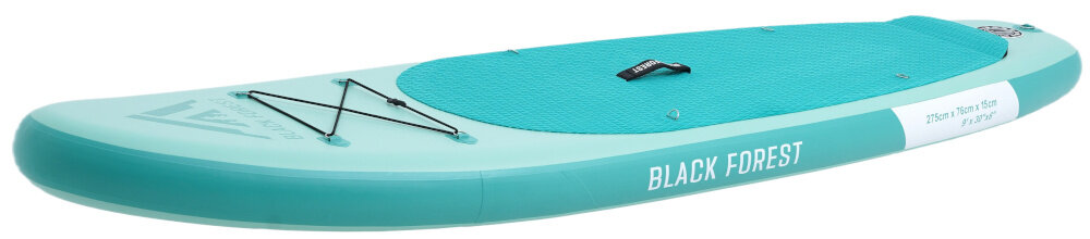 Deska SUP EXTRALINK SUP-2000 275 x 76 x 15 cm deska na białym tle widoczna z boku od przodu lekko pod skosem z nylonu, PVC oraz pianki EVA wysoka odporność na przetarcia i uszkodzenia mechaniczne dobrze znosi kontakt z piaskiem, kamieniami czy pomostem wytrzymała konstrukcja