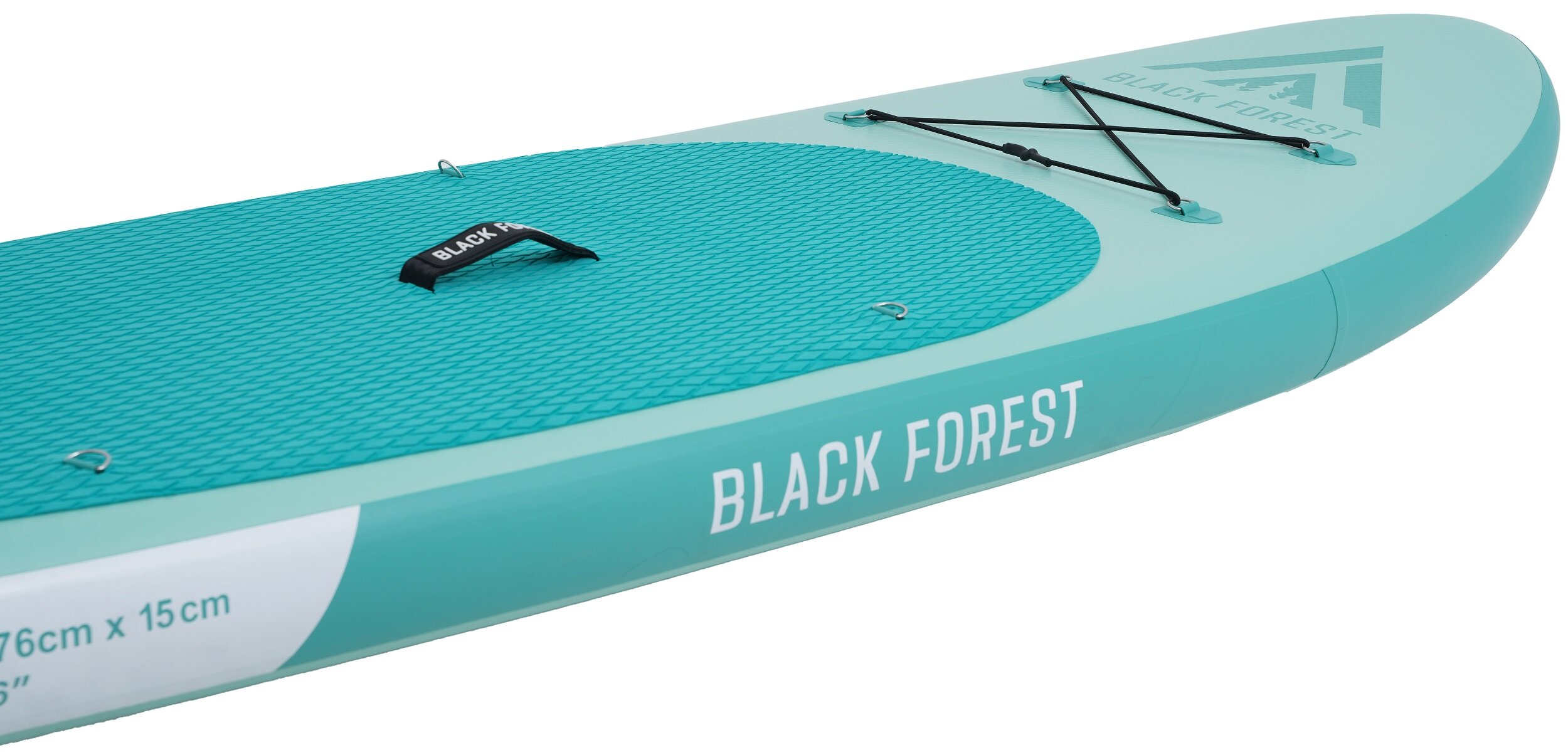 Deska SUP EXTRALINK SUP-2000 275 x 76 x 15 cm zbliżenie na pokład pokład białe tło pokryty pianką EVA o właściwościach antypoślizgowych odpowiednia przyczepność stóp zwiększa bezpieczeństwo stabilne podparcie