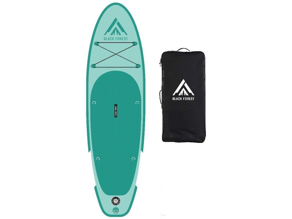 Deska SUP EXTRALINK SUP-2000 275 x 76 x 15 cm deska i plecak na białym tle plecak transportowy ułatwia przenoszenie deski upraszcza logistykę wyjazdu szerokie szelki wpływają na komfort noszenia zamykana konstrukcja