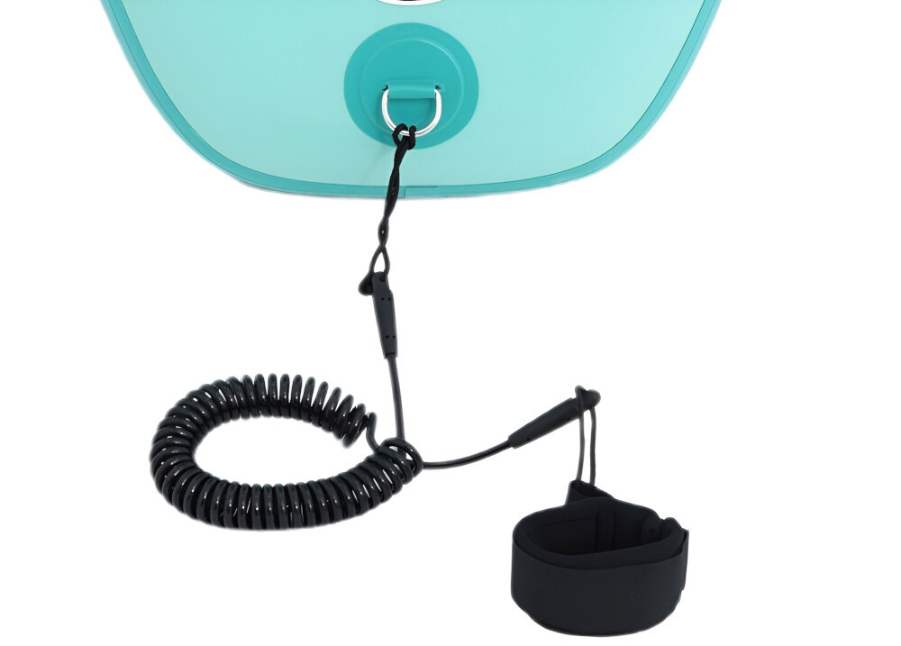 Deska SUP EXTRALINK SUP-2000 275 x 76 x 15 cm zbliżenie na linkę bezpieczeństwa białe tło linka bezpieczeństwa mocowana do kostki zwiększa kontrolę nad deską w razie utraty równowagi ogranicza ryzyko oddalenia się deski po upadku do wody