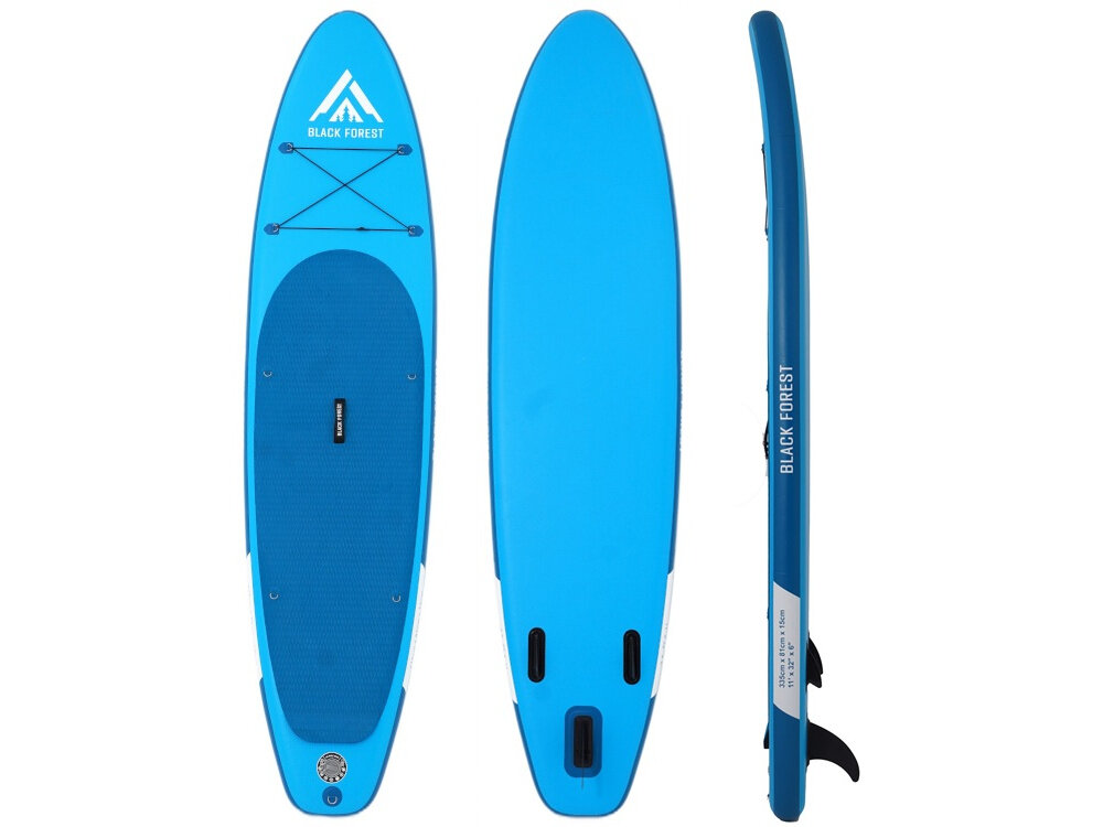 Deska SUP EXTRALINK SUP-2011 335 x 71 x 15 cm białe tło deska w trzech ujęciach widok od przodu od tyłu i z boku sport aktywność wodna wyprawa