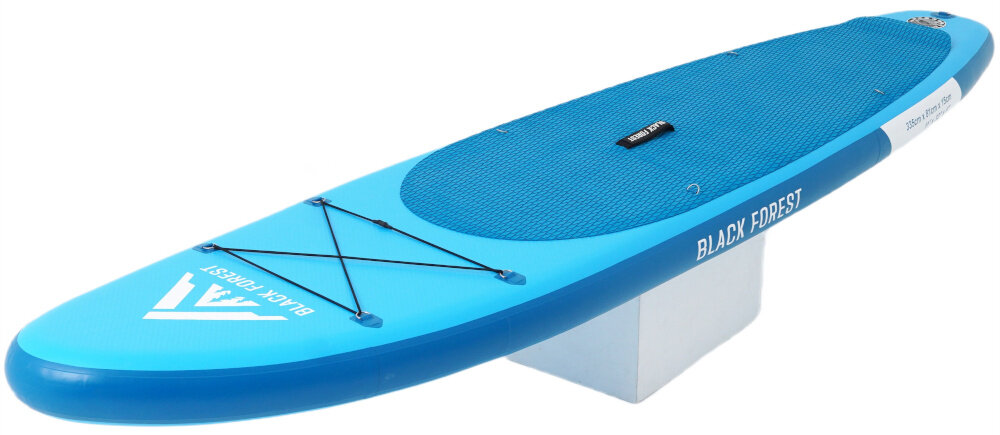 Deska SUP EXTRALINK SUP-2011 335 x 71 x 15 cm białe tło deska w poziomie widoczna od przodu pod skosem do rekreacyjnego i sportowego pływania na stojąco spokojnych wycieczek po jeziorze, treningu równowagi aktywnego wypoczynku nad morzem dla osób początkujących i bardziej zaawansowanych