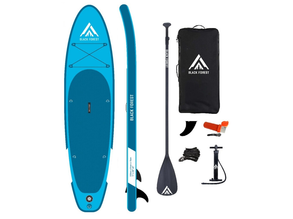 Deska SUP EXTRALINK SUP-2011 335 x 71 x 15 cm rozłożone wiosło na białym tle składane wiosło można łatwo dopasować do wzrostu użytkownika ułatwia to transport całego zestawu w plecaku powtarzalna praca przy każdym ruchu