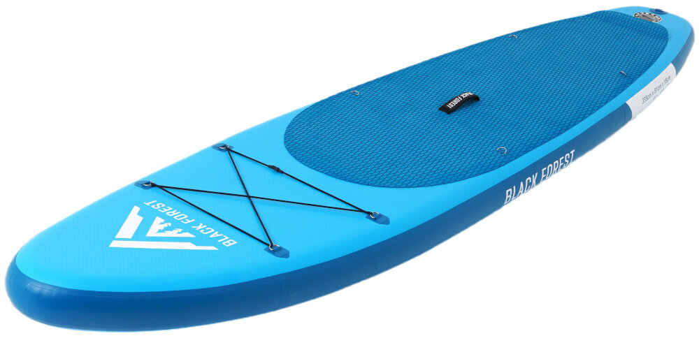 Deska SUP EXTRALINK SUP-2011 335 x 71 x 15 cm deska na białym tle widoczna z boku od przodu lekko pod skosem z nylonu, PVC oraz pianki EVA wysoka odporność na przetarcia i uszkodzenia mechaniczne dobrze znosi kontakt z piaskiem, kamieniami czy pomostem wytrzymała konstrukcja