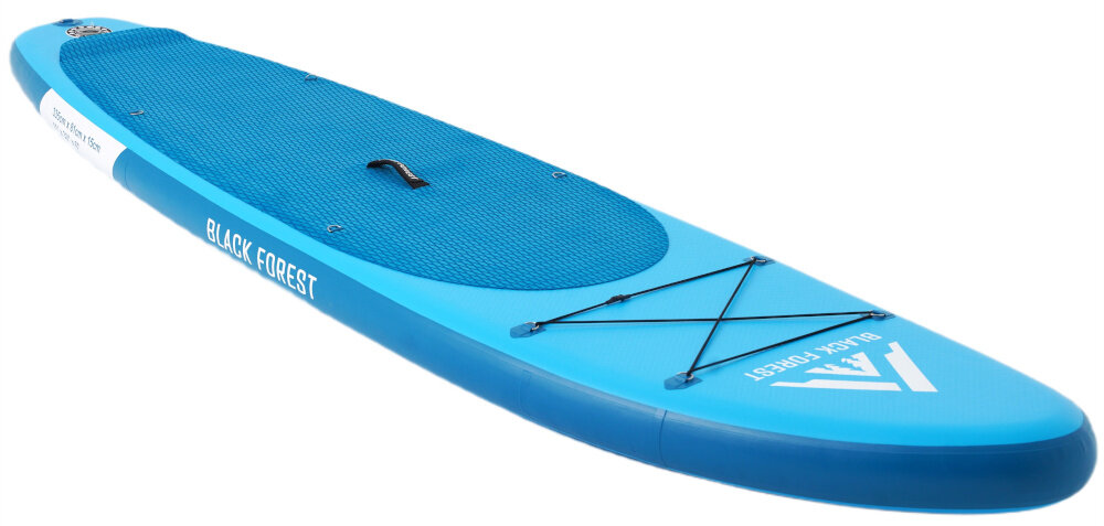 Deska SUP EXTRALINK SUP-2011 335 x 71 x 15 cm zbliżenie na pokład pokład białe tło pokryty pianką EVA o właściwościach antypoślizgowych odpowiednia przyczepność stóp zwiększa bezpieczeństwo stabilne podparcie
