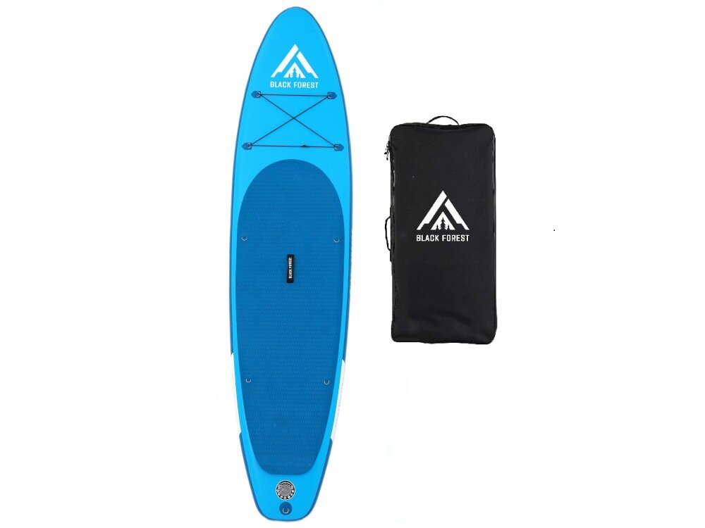 Deska SUP EXTRALINK SUP-2011 335 x 71 x 15 cm deska i plecak na białym tle plecak transportowy ułatwia przenoszenie deski upraszcza logistykę wyjazdu szerokie szelki wpływają na komfort noszenia zamykana konstrukcja