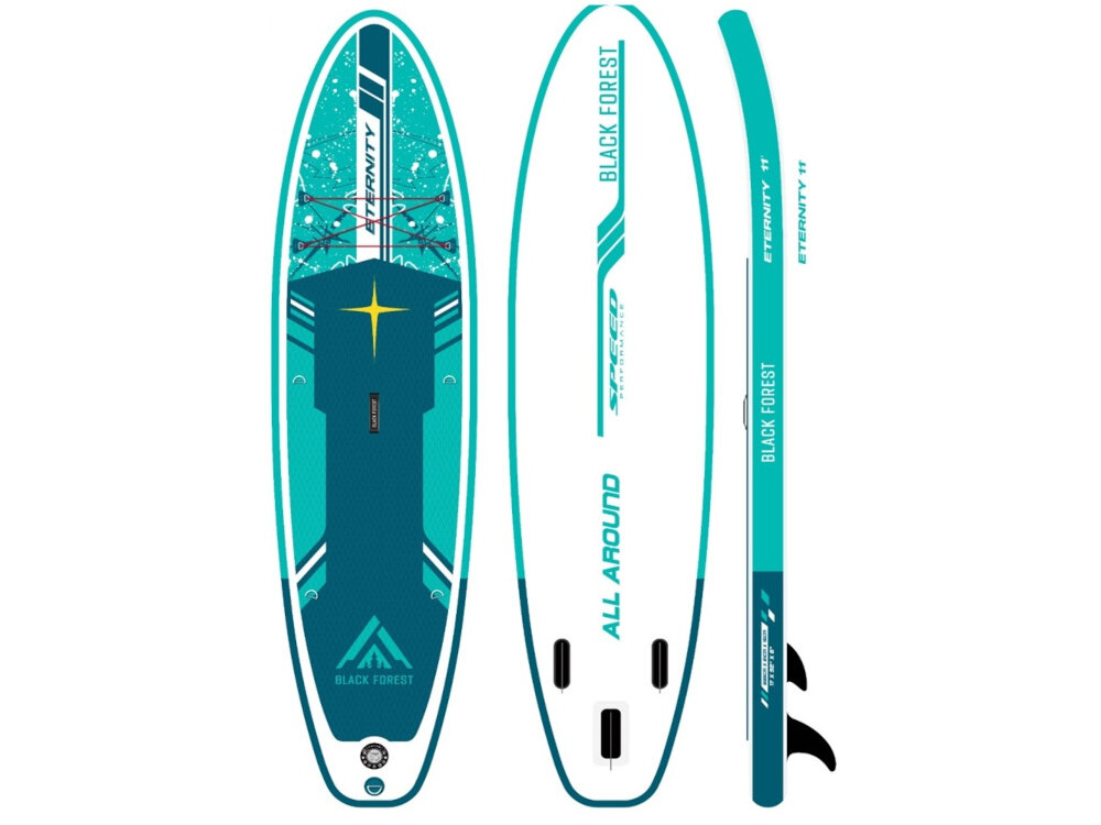 Deska SUP EXTRALINK SUP-2015 335 x 81 x 15 cm białe tło deska w trzech ujęciach widok od przodu od tyłu i z boku sport aktywność wodna wyprawa