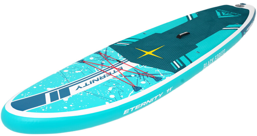 Deska SUP EXTRALINK SUP-2015 335 x 81 x 15 cm białe tło deska w poziomie widoczna od przodu pod skosem do rekreacyjnego i sportowego pływania na stojąco spokojnych wycieczek po jeziorze, treningu równowagi aktywnego wypoczynku nad morzem dla osób początkujących i bardziej zaawansowanych