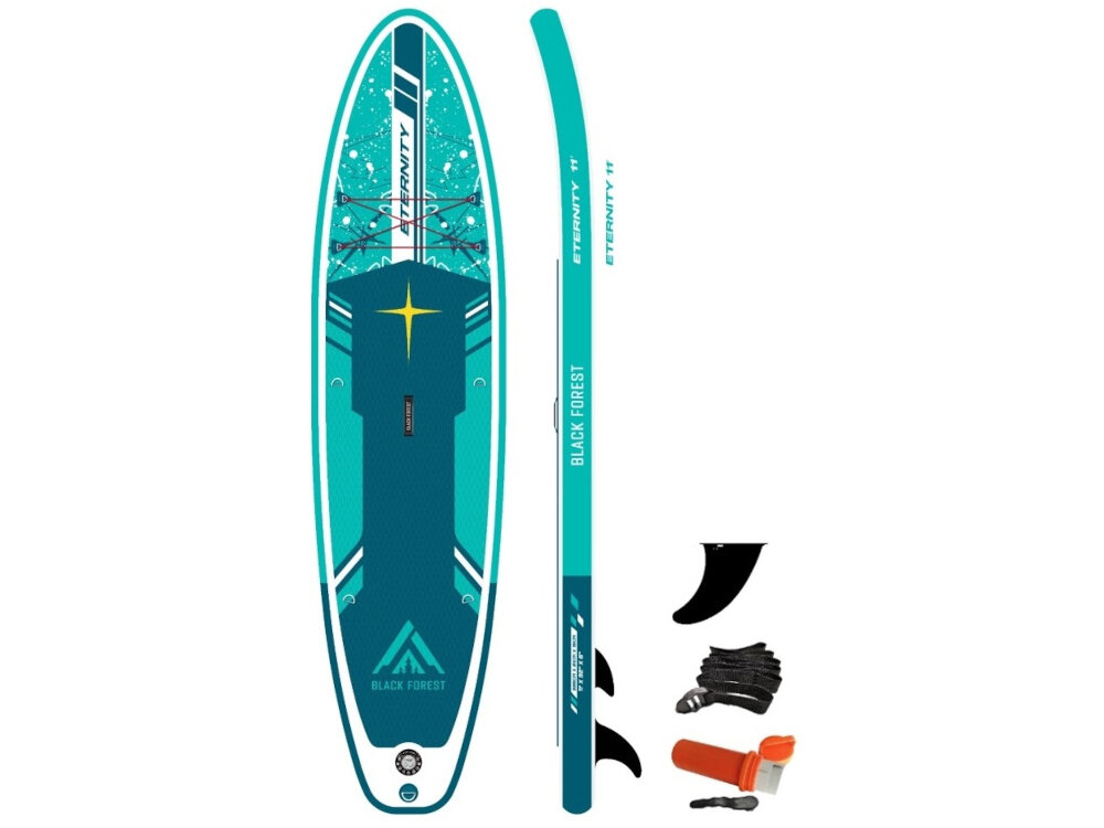 Deska SUP EXTRALINK SUP-2015 335 x 81 x 15 cm zestaw na białym tle w zestawie deska płetwa zestaw naprawczy linka dokumentacja