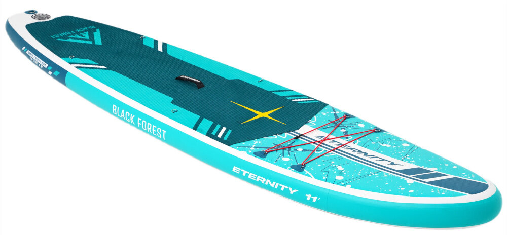 Deska SUP EXTRALINK SUP-2015 335 x 81 x 15 cm deska na białym tle widoczna z boku od przodu lekko pod skosem z nylonu, PVC oraz pianki EVA wysoka odporność na przetarcia i uszkodzenia mechaniczne dobrze znosi kontakt z piaskiem, kamieniami czy pomostem wytrzymała konstrukcja