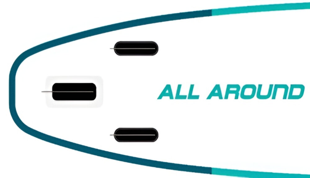 Deska SUP EXTRALINK SUP-2015 335 x 81 x 15 cm deska widoczna od spodu zbliżenie na stateczniki białe tło system trzech stateczników poprawia kierunkowość stabilność toru płynięcia lepiej trzyma linię przy spokojnym wiosłowaniu reaguje przewidywalnie i płynnie