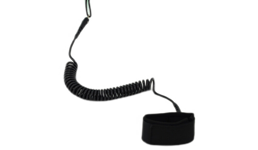 Deska SUP EXTRALINK SUP-2015 335 x 81 x 15 cm zbliżenie na linkę bezpieczeństwa białe tło linka bezpieczeństwa mocowana do kostki zwiększa kontrolę nad deską w razie utraty równowagi ogranicza ryzyko oddalenia się deski po upadku do wody