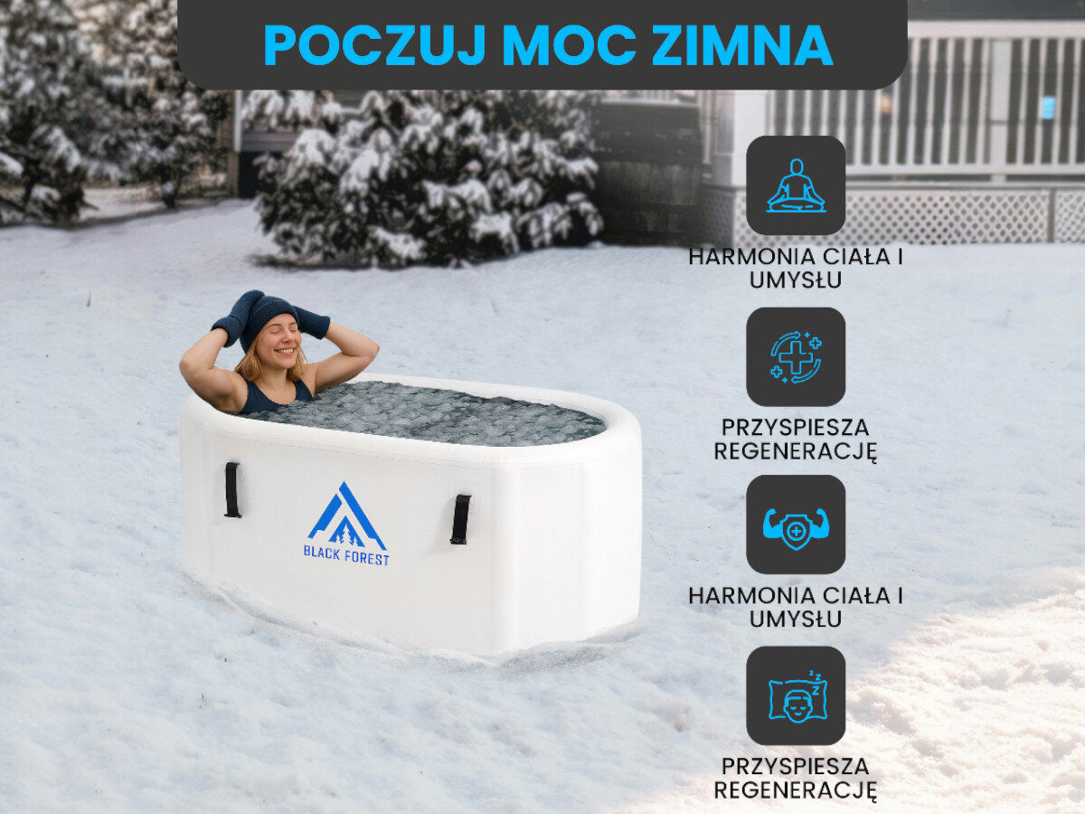 Wanna do morsowania EXTRALINK Ice Bath SUP-2015, ogród, woda, lód, zimno, Osoba morsuje w białej wannie z lodem na śniegu, ikony korzyści po prawej.