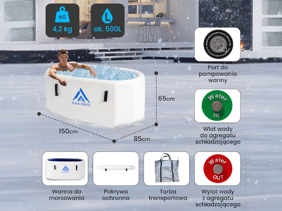 Wanna do morsowania EXTRALINK Ice Bath SUP-2015, wymiary 150x80x80, wygodne zanurzenie siedzące, ustawienie taras balkon, wysokie ścianki wanna, Mężczyzna w wannie z lodem, pokazane wymiary, pojemność, porty i elementy zestawu.