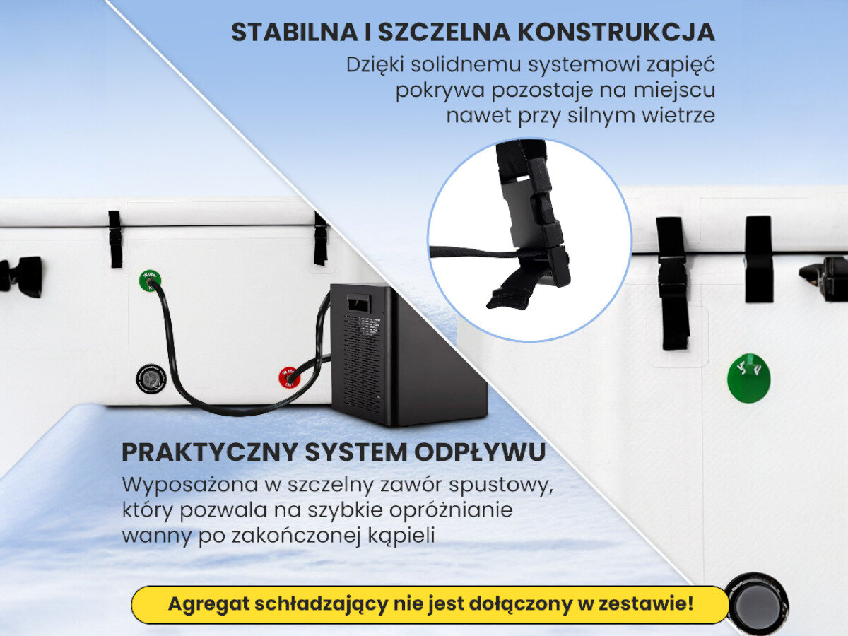 Wanna do morsowania EXTRALINK Ice Bath SUP-2015, pokrywa wanna morsowania, ochrona przed zabrudzeniami, wolniejsze nagrzewanie wody, rzadsza wymiana wody, Wanna lodowa z podłączonym agregatem, zbliżenia klamer i opis praktycznego odpływu.