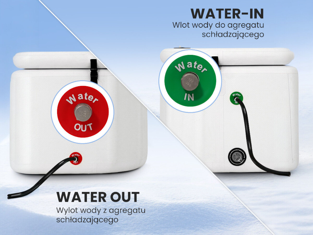 Wanna do morsowania EXTRALINK Ice Bath SUP-2015, kontrola intensywności kąpieli, równomierne otoczenie ciała, efektywna odnowa biologiczna, subiektywne poczucie energii, Zbliżenie portów Water IN i Water OUT z wężami, bok białej wanny na śniegu.