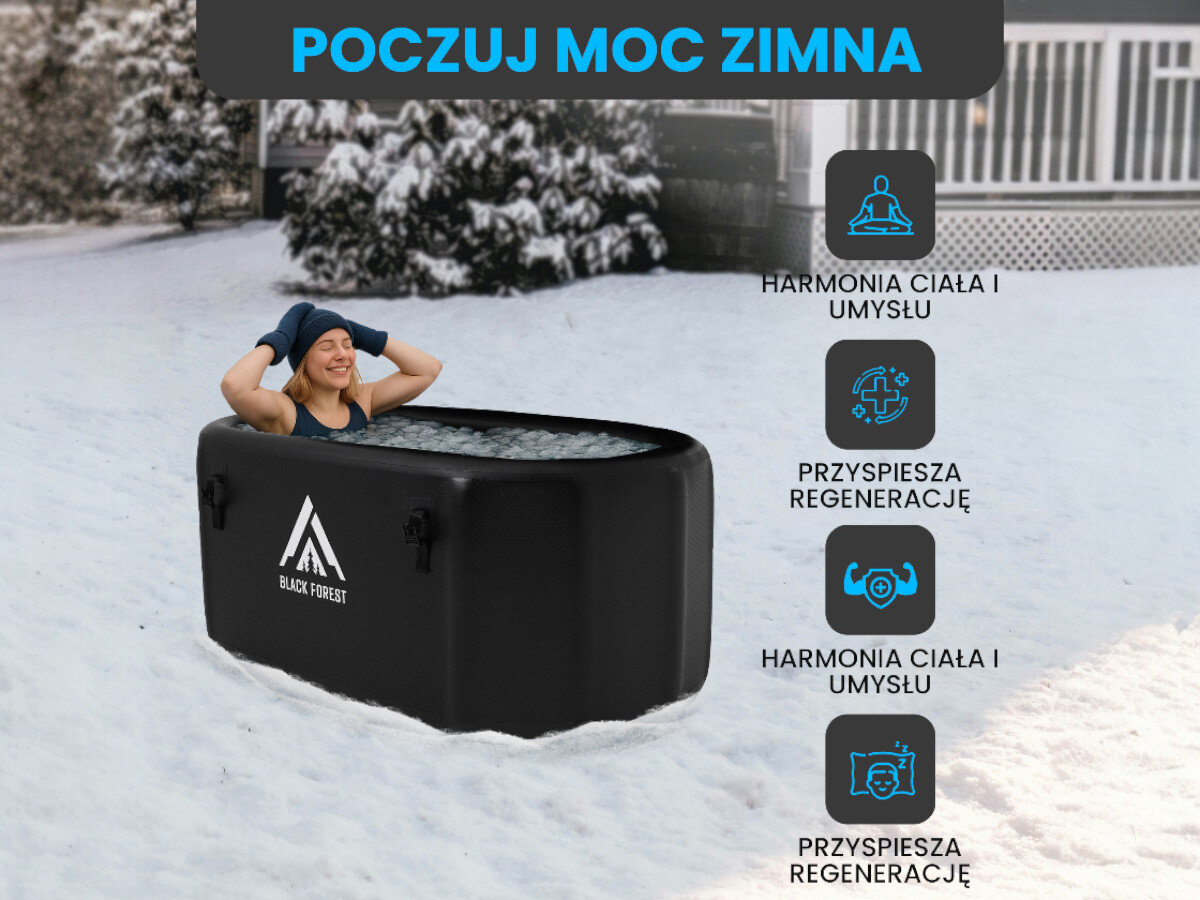 Wanna do morsowania EXTRALINK Ice Bath IB-02, ciało, chłód, zimno, lód, Kobieta zanurzona w wannie lodowej na śniegu, ikony korzyści: harmonia, regeneracja, lepszy sen.
