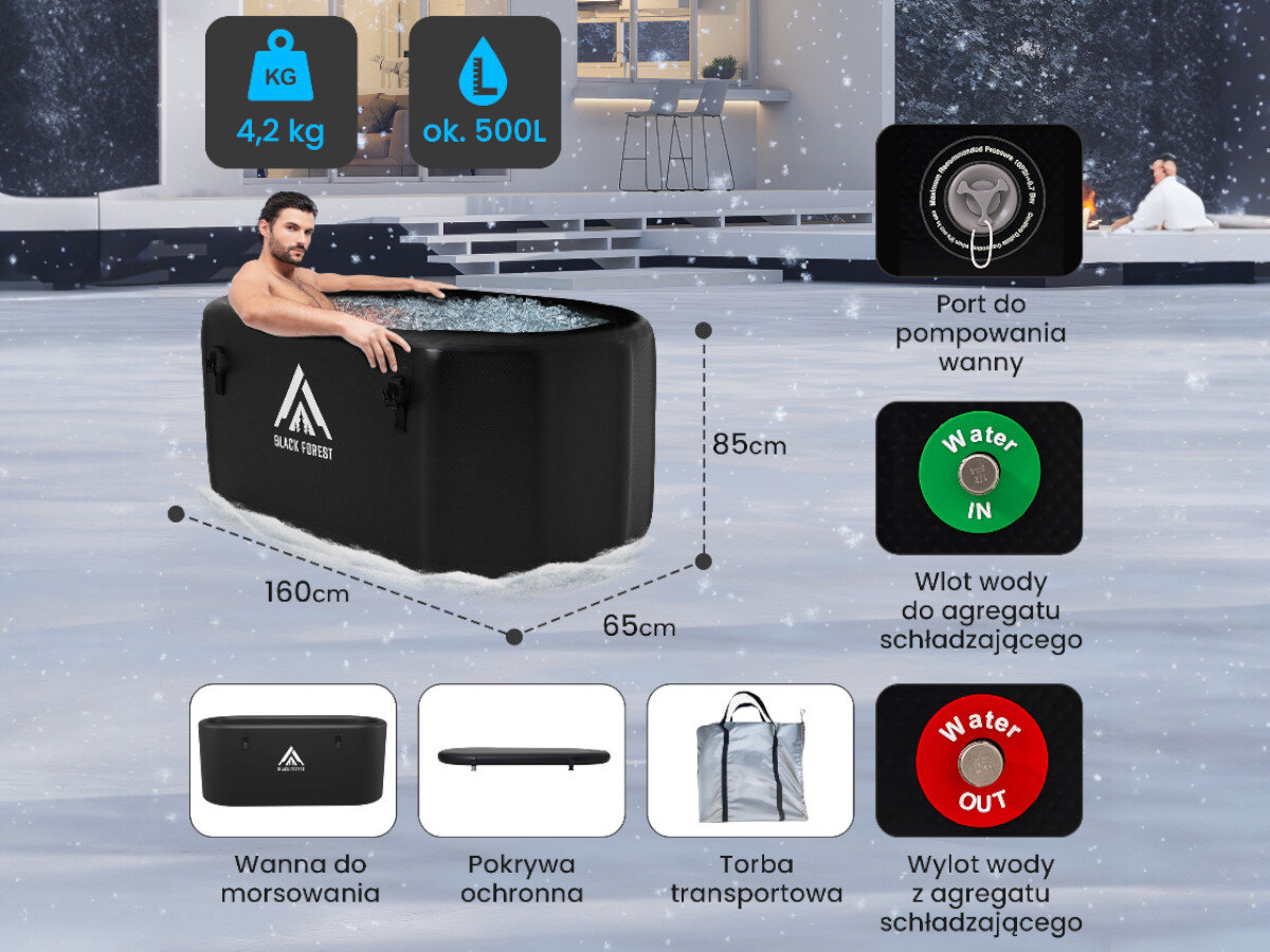 Wanna do morsowania EXTRALINK Ice Bath IB-02, wymiary 160x85x65, wygodne siedzące zanurzenie, ustawienie ogród taras, łatwe wchodzenie wychodzenie, Wanna lodowa Black Forest z mężczyzną w lodzie, wymiary, pojemność i elementy zestawu.