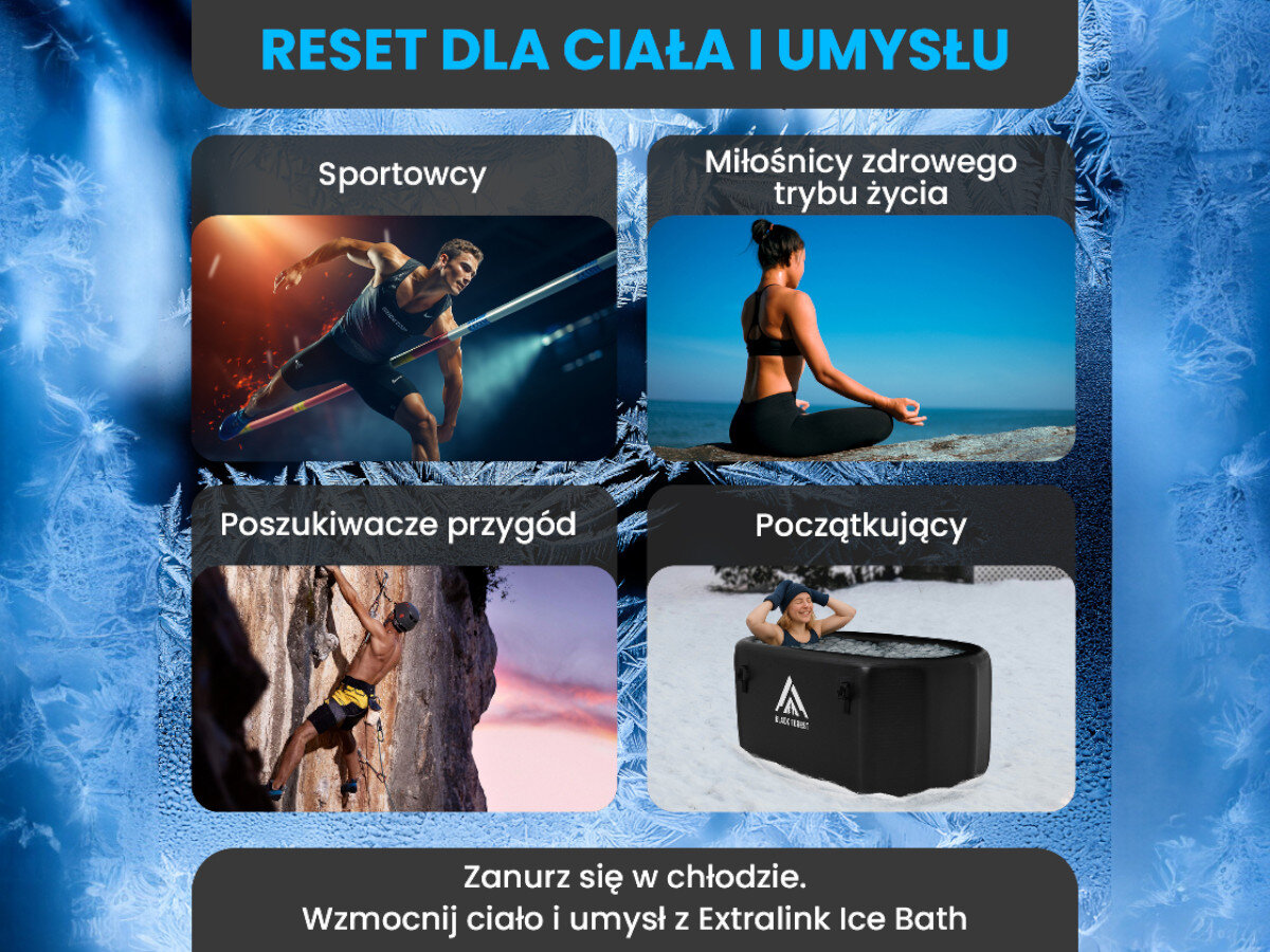 Wanna do morsowania EXTRALINK Ice Bath IB-02, domowe rytuały morsowania, kąpiel w dowolnej porze, dopasowanie czasu zanurzenia, regeneracja po wysiłku, Cztery grupy użytkowników wanny lodowej: sportowcy, aktywni, wspinacze oraz początkujący.