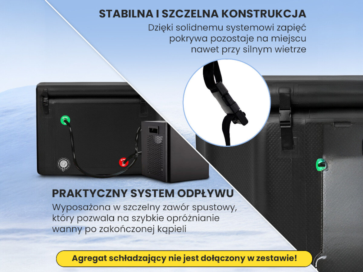 Wanna do morsowania EXTRALINK Ice Bath IB-02, gładkie wnętrze wanny, szybkie czyszczenie po kąpieli, pokrywa chroniąca wodę, rzadsza wymiana wody, Tył wanny z podłączonym agregatem, zapięcia pokrywy i opis szczelnej konstrukcji oraz odpływu.